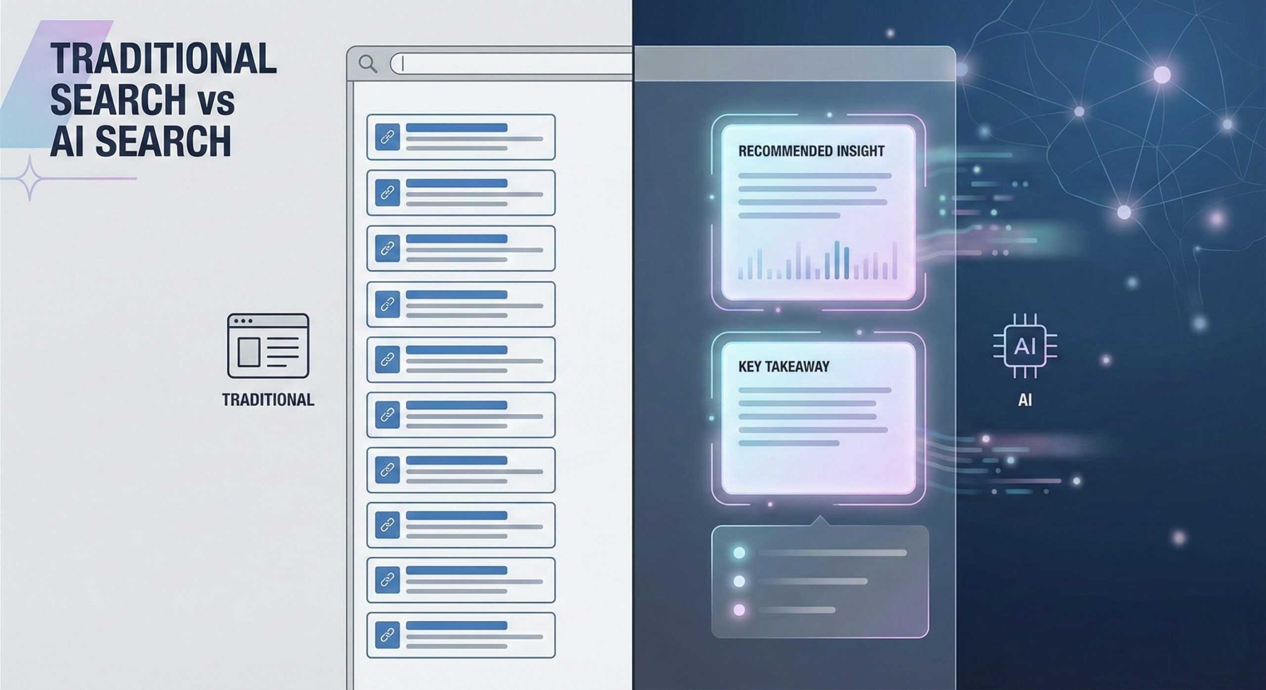 AI Search Doesn't Rank Brands. It Selects Them 1 Comparison showing traditional search with 10 results versus AI search with selective recommendations