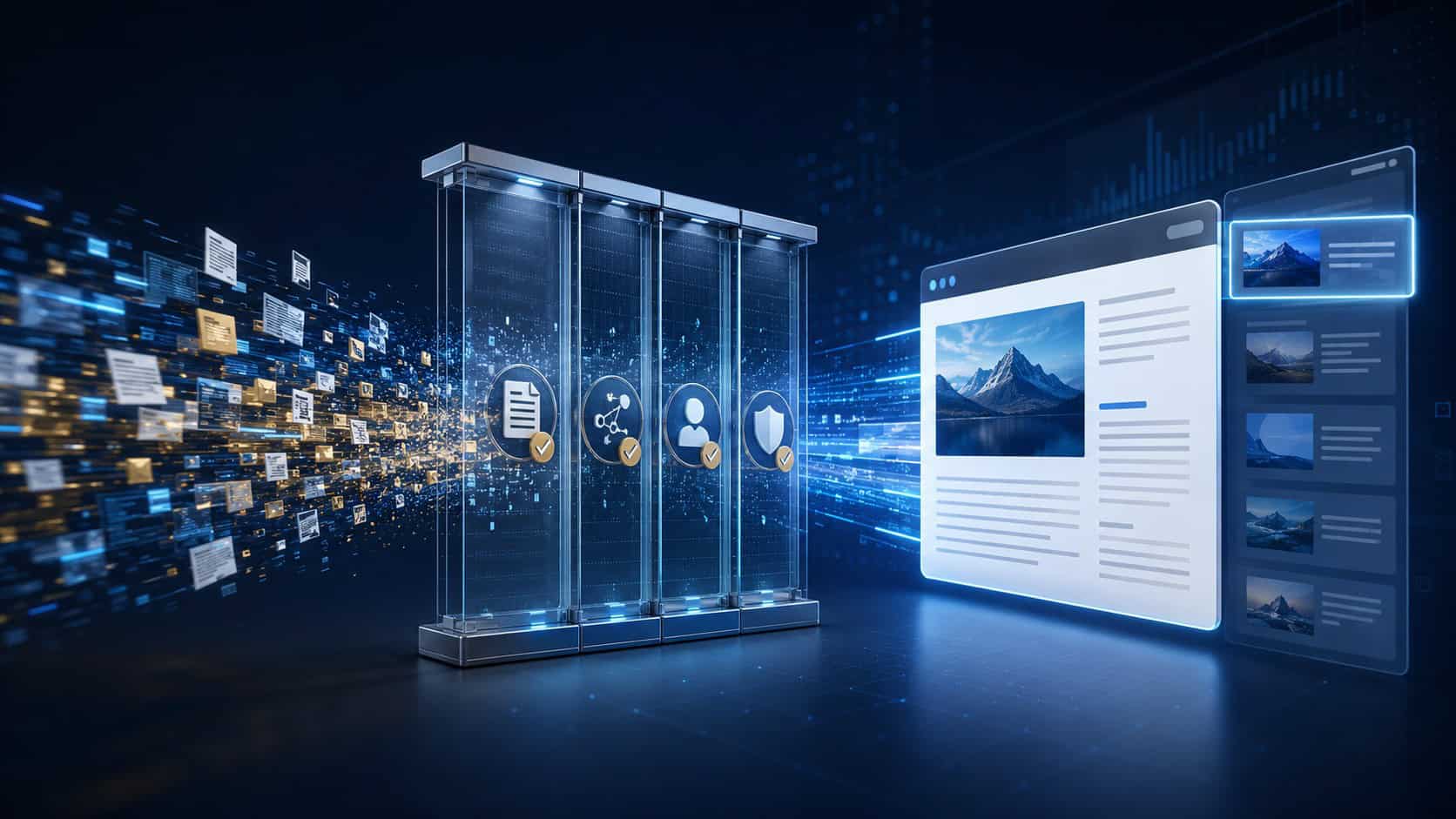 AI-generated content passing through evidence validation, source verification and human review before appearing in search results.